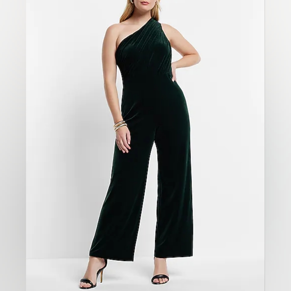 EXPRESS: Velvet One Shoulder Ruched Wide Leg Jumpsuit